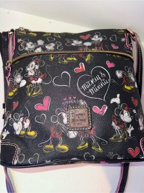 Dooney & Bourke Black Mickey & Minnie Heart Print Crossbody with Pink Accents